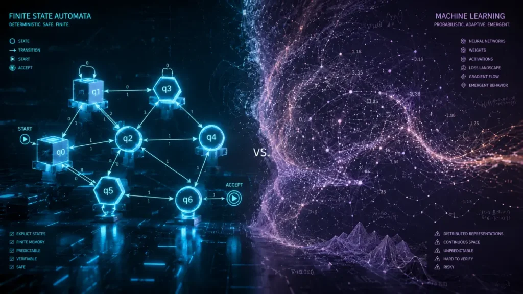 مقایسه امنیت اتوماسیون رویدادگسسته (Finite State Automata) در برابر خطرات هوش مصنوعی آماری