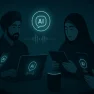 نمای افقی از تعامل کاربران جهانی با یک دستیار هوش مصنوعی در محیطی مدرن و مینیمال